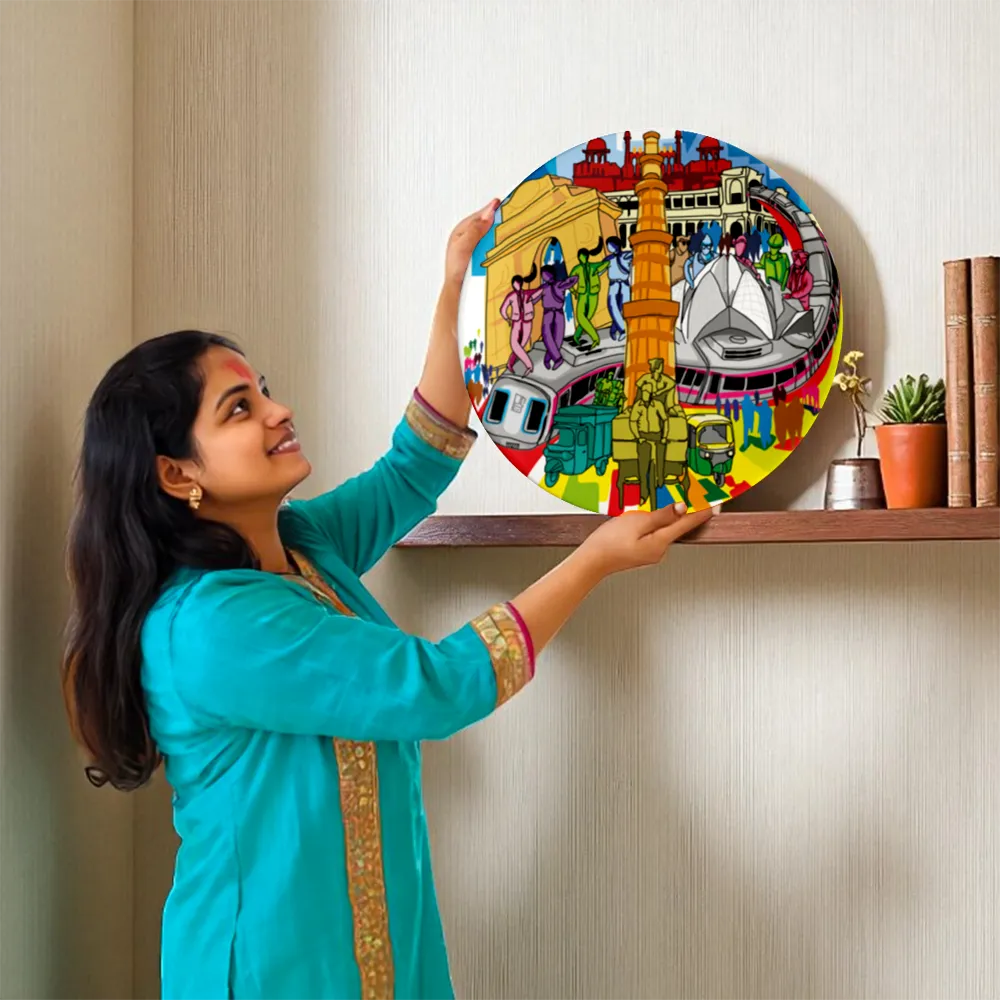 Woman showing Delhi Cityscape decorative plate