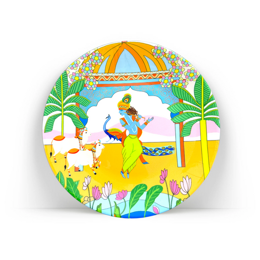 PAINTZSTORIES Decorative Wall Plate for Home Decoration | Ceramic Wall Art Plate | Wall Decor items for Living Room & Bedroom | Handmade Artwork Divine Symphony of Krishna | Gift for house | 10 INCH