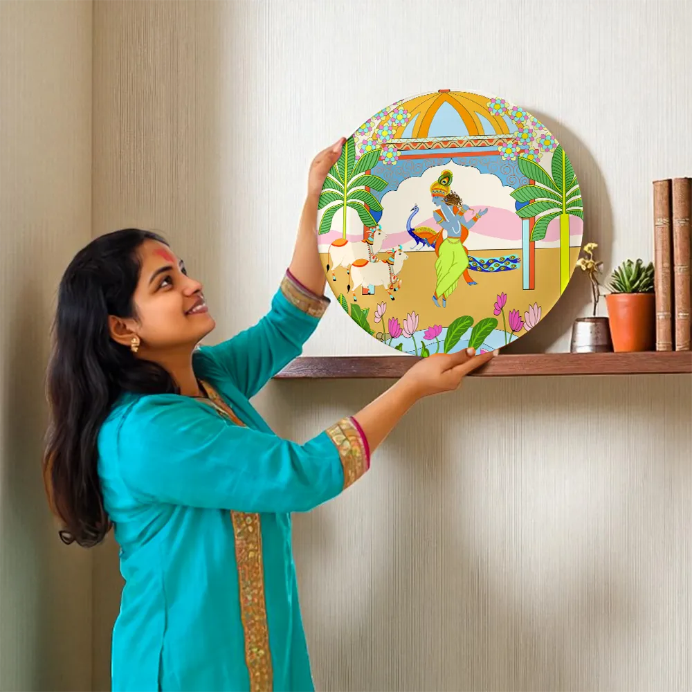 Woman displaying Divine Symphony of Krishna plate