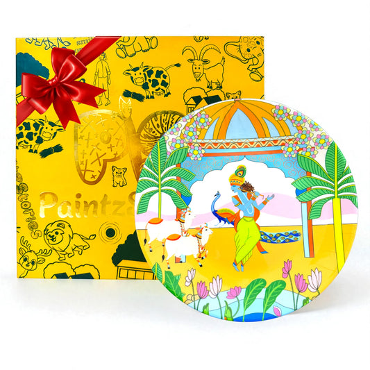 PAINTZSTORIES Decorative Wall Plate for Home Decoration | Ceramic Wall Art Plate | Wall Decor items for Living Room & Bedroom | Handmade Artwork Divine Symphony of Krishna | Gift for house | 10 INCH