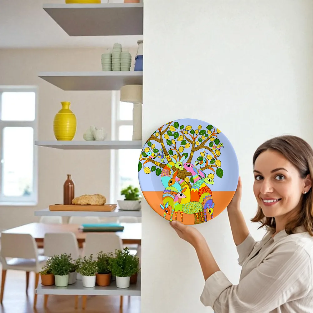 Woman showing Harmony Beneath the Gond Tree plate
