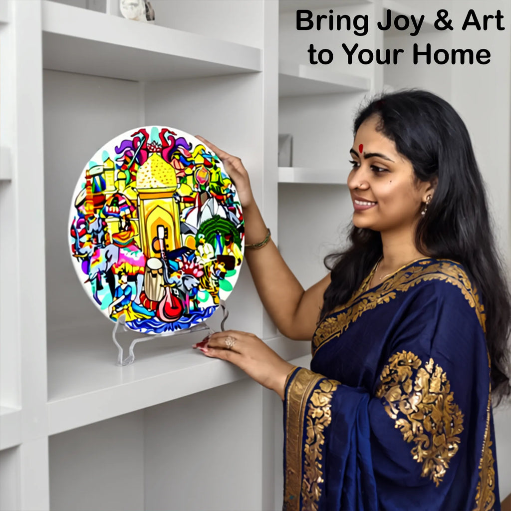 Woman displaying A Vibrant Bird plate