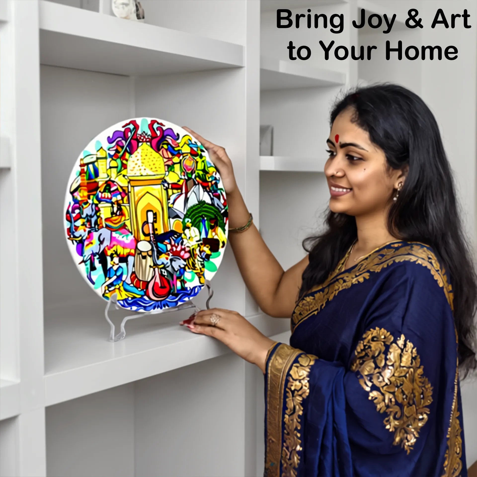Woman displaying A Vibrant Bird plate
