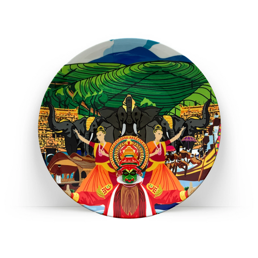 PAINTZSTORIES Decorative Wall Plate for Home Decoration | Ceramic Wall Art Plate | Wall Decor items for Living Room & Bedroom | Handmade Artwork Kerala's Vibrant Tapestry | Gift for house | 10 INCH