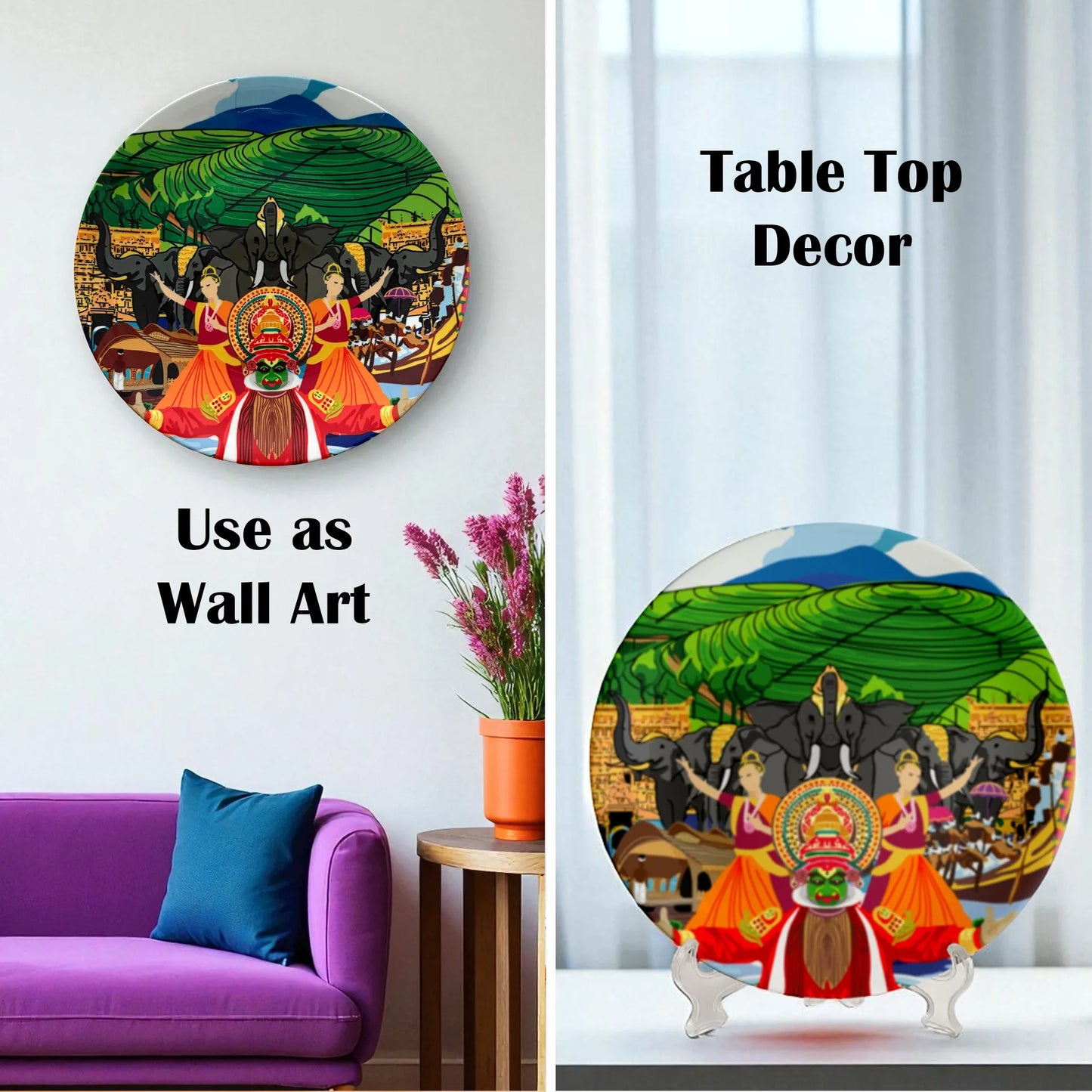 Kerala’s Vibrant Tapestry ceramic plate in home décor setting