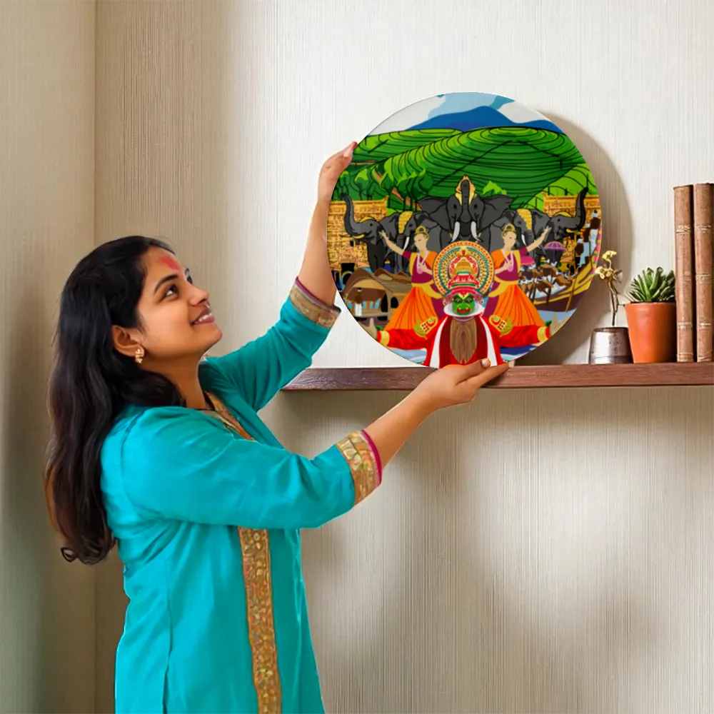 Woman holding Kerala’s Vibrant Tapestry plate