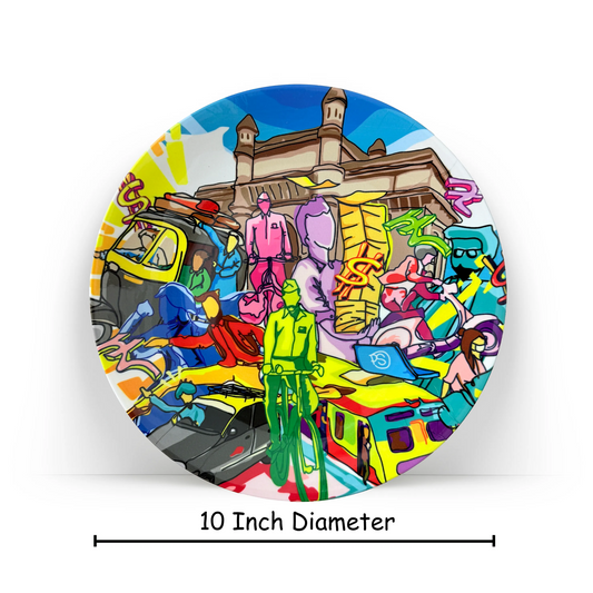 PAINTZSTORIES Decorative Wall Plate for Home Decoration | Ceramic Wall Art Plate | Wall Decor items for Living Room & Bedroom | Handmade Artwork Mumbai Hustle | Gift for house | 10 INCH