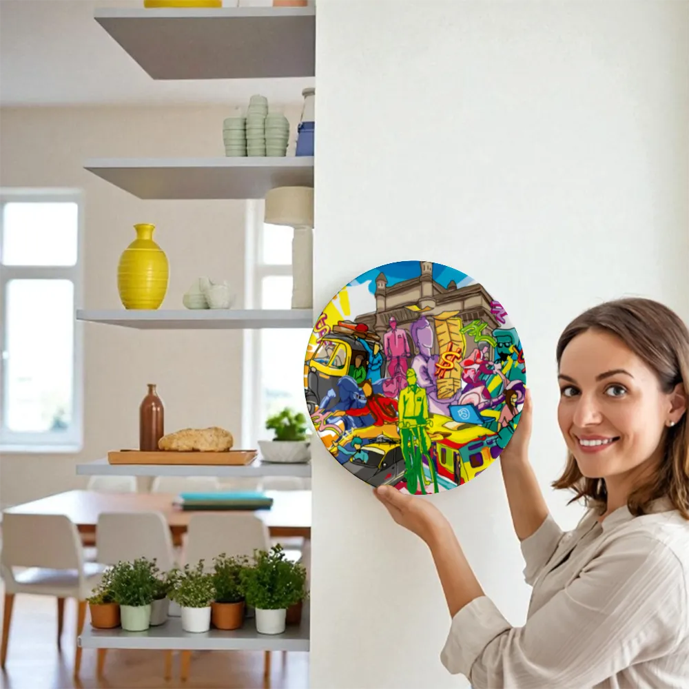 Woman holding Mumbai Hustle decorative plate