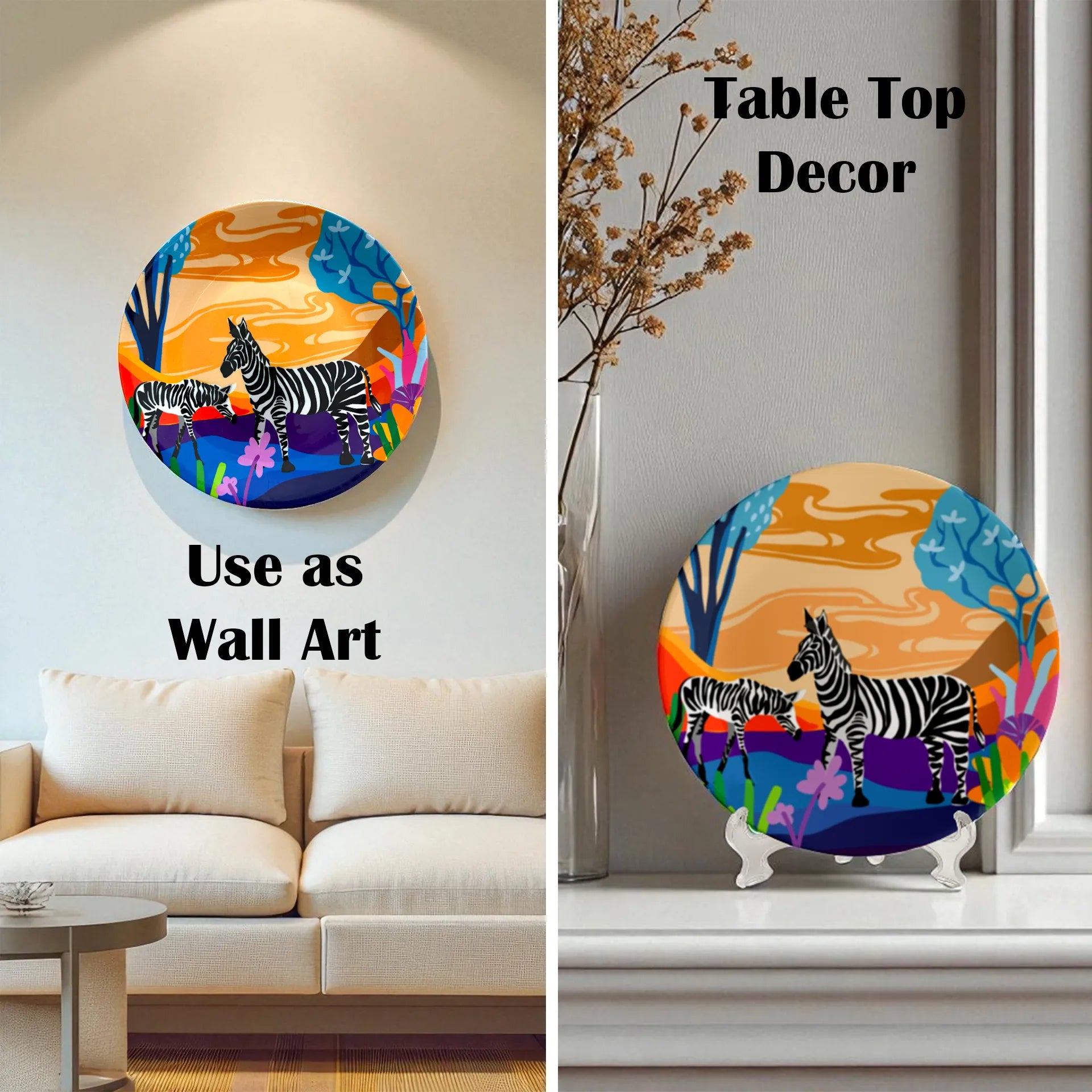 Serenity Stripes ceramic plate displayed on wall and table
