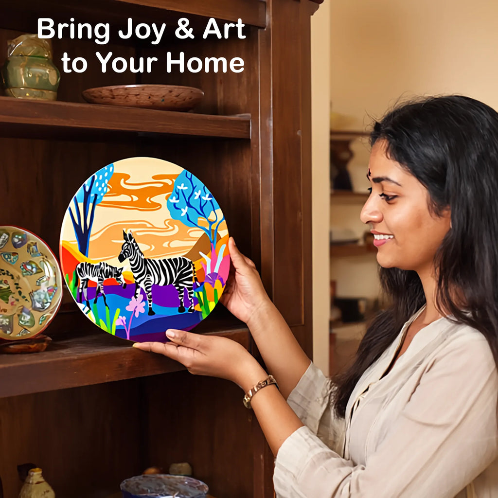 Woman holding Serenity Stripes decorative plate
