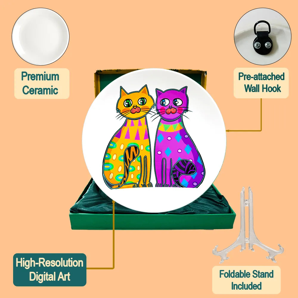 Two Fancy Cats plate set contents with stand hook