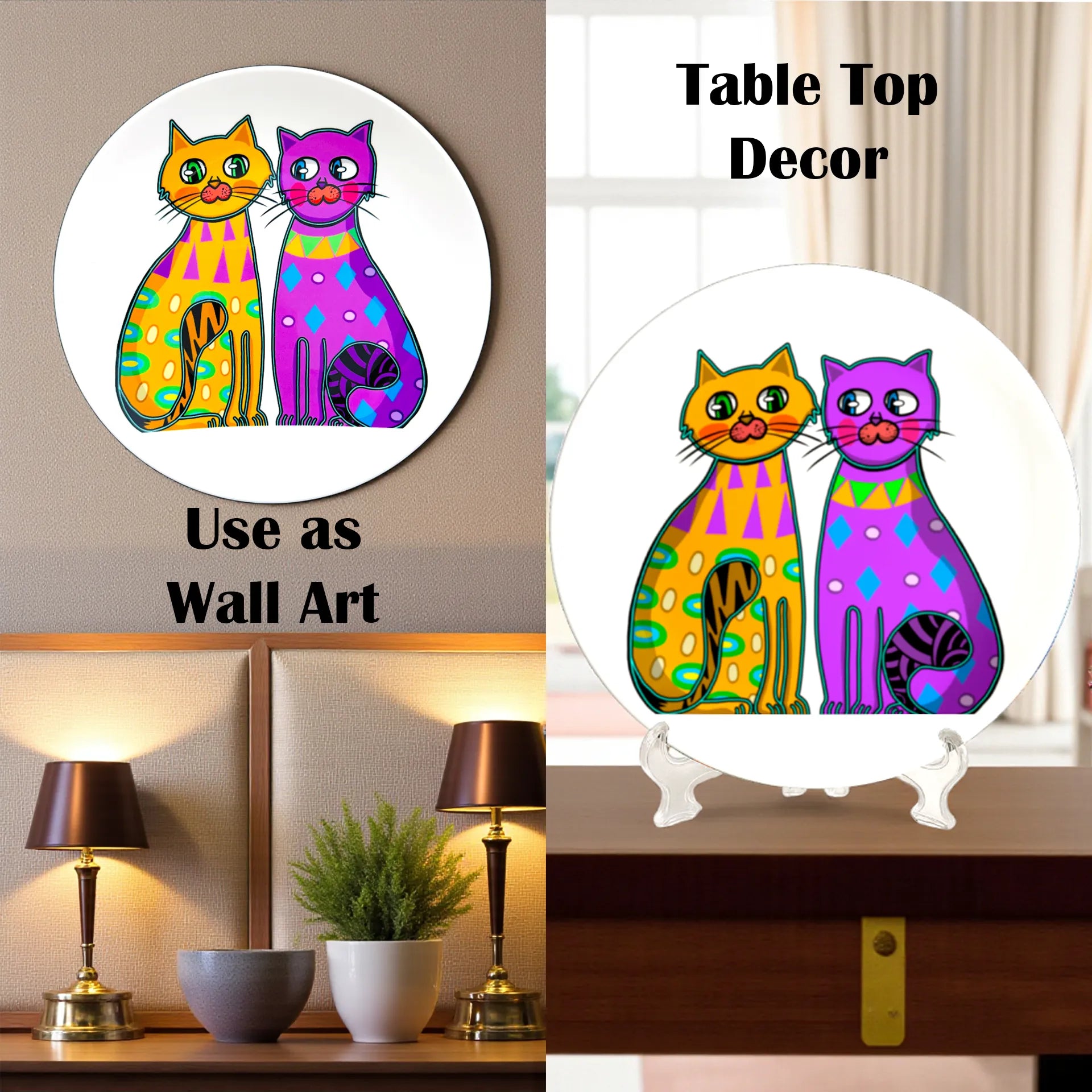 Two Fancy Cats ceramic plate styled on wall or table