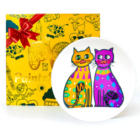 PAINTZSTORIES Decorative Wall Plate for Home Decoration | Ceramic Wall Art Plate | Wall Decor items for Living Room & Bedroom | Handmade Artwork Two fancy cats | Gift for house | 10 INCH