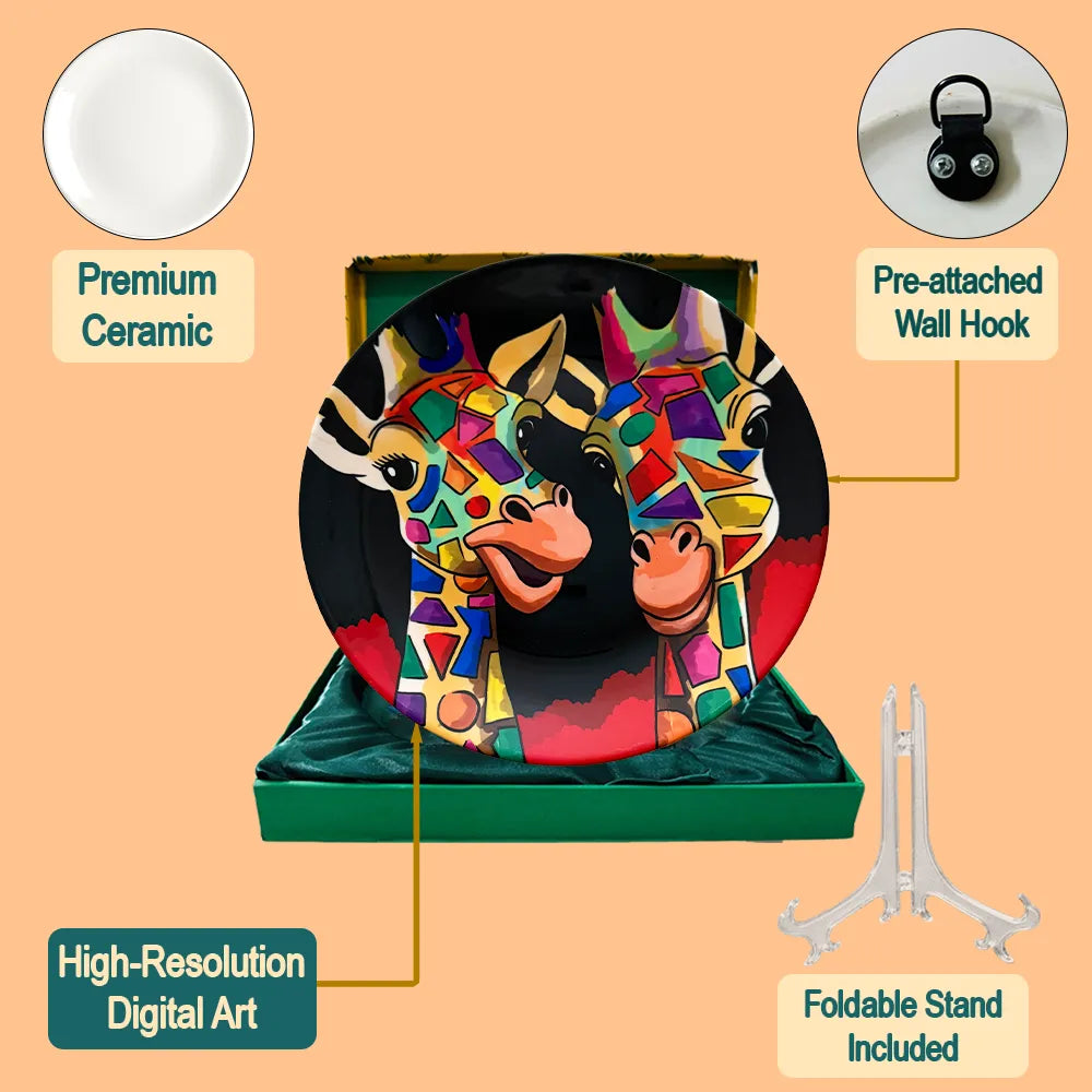 Two Happy Giraffes plate set contents with stand and hook