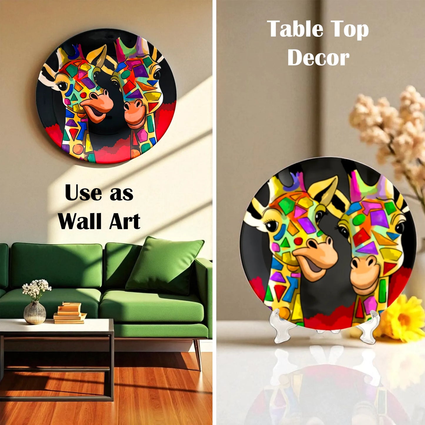 Two Happy Giraffes ceramic plate used as wall or table décor