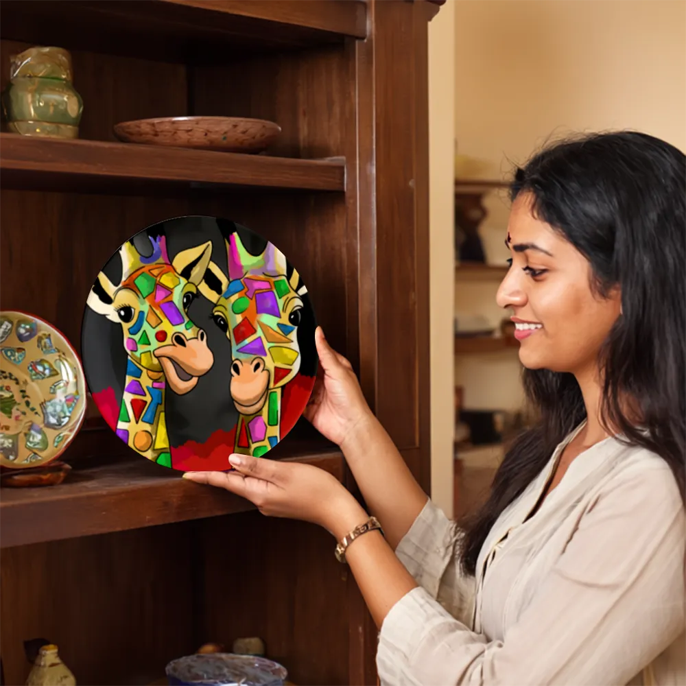 Woman holding Two Happy Giraffes decorative plate