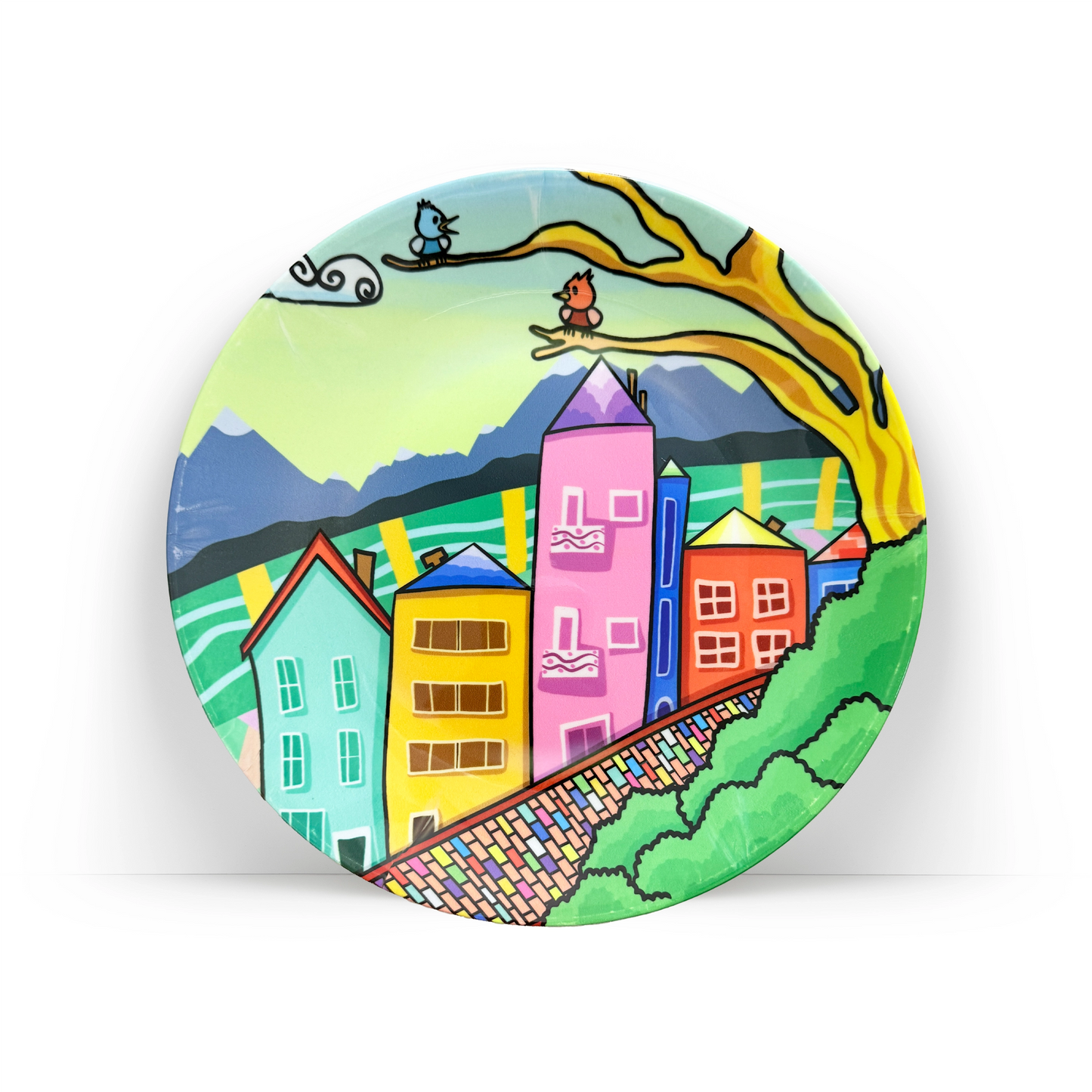 A Lovely Town decorative ceramic wall plate by PaintzStories for living room décor
