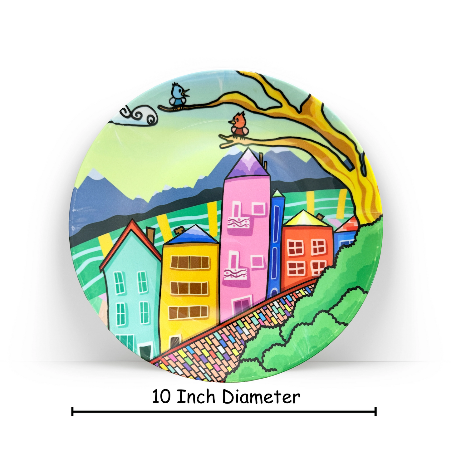 Dimensions of A Lovely Town ceramic wall plate by PaintzStories