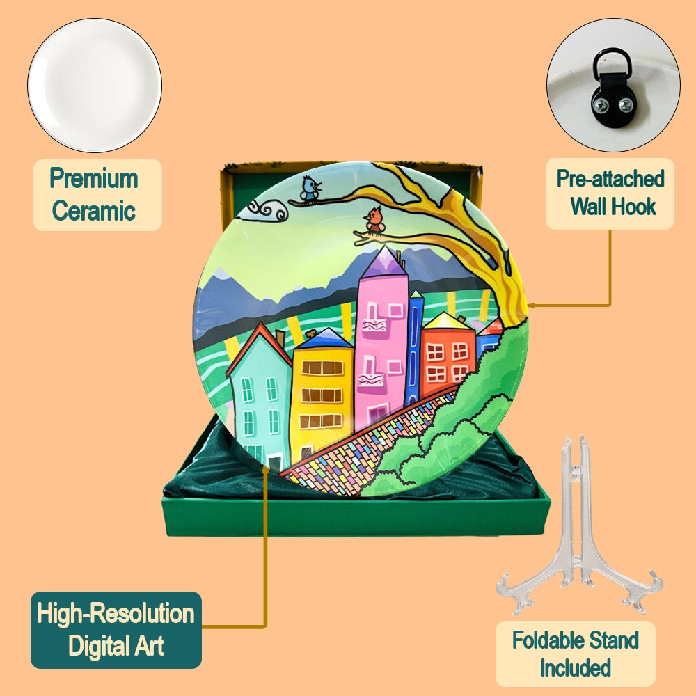 A Lovely Town wall plate set showing stand, hook and packaging