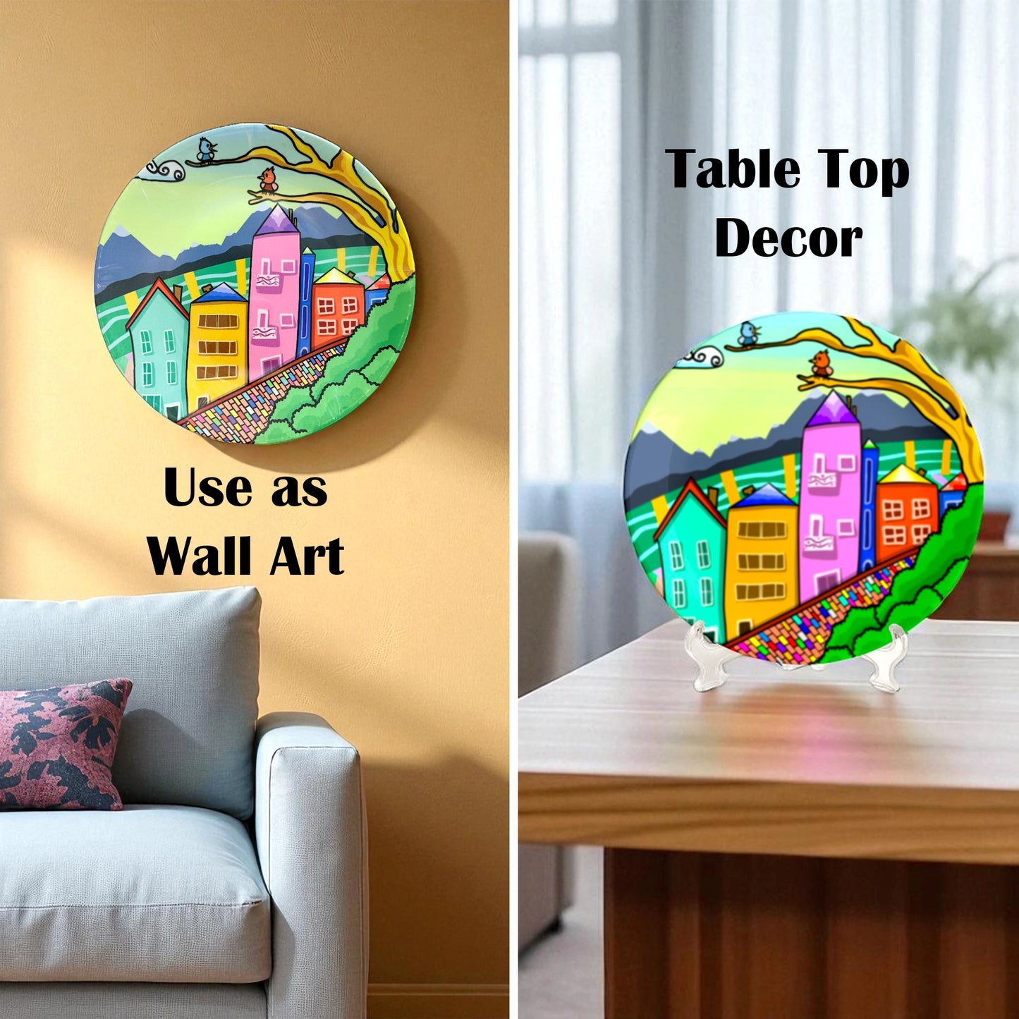 A Lovely Town ceramic wall plate displayed on wall and table