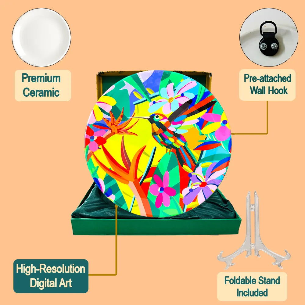 A Vibrant Bird plate set with stand hook included