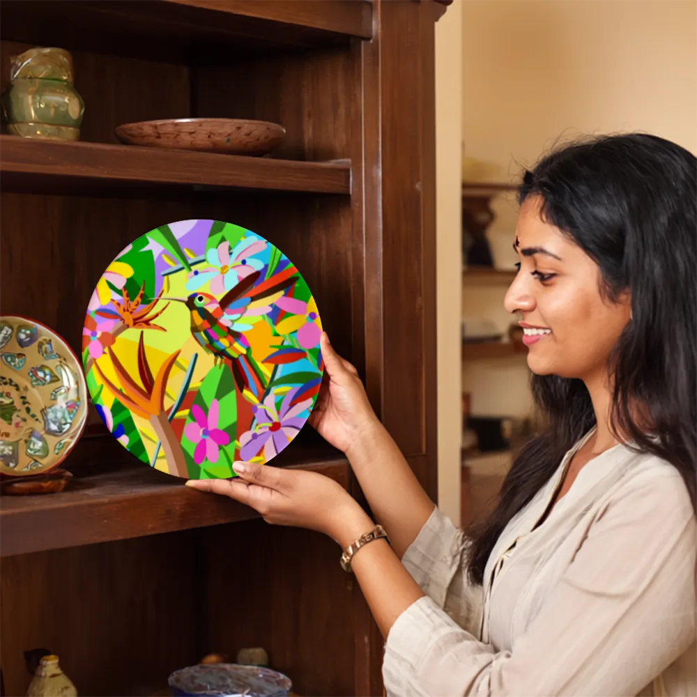 Woman displaying A Vibrant Bird plate
