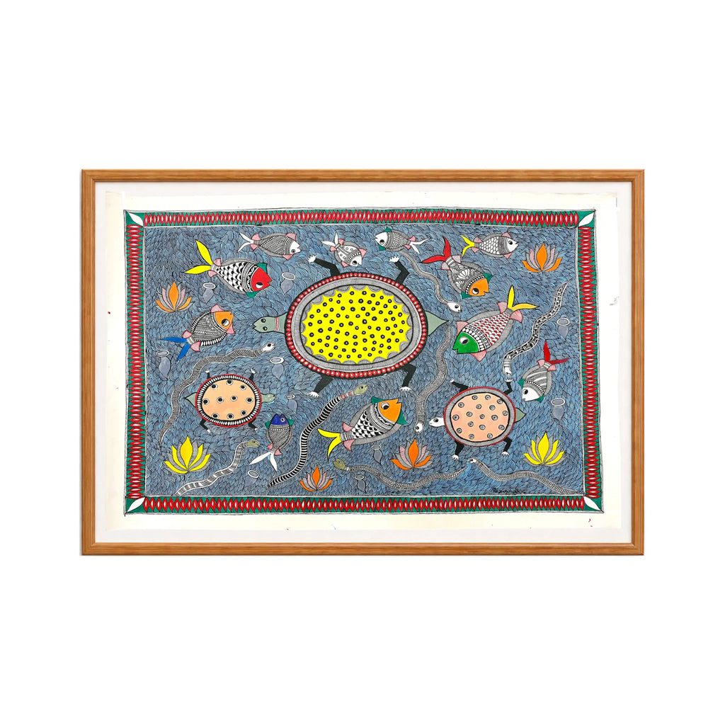 Madhubani painting Pond Fishes Animals, handmade Mithila art wall decor, size 30 x 22 inch