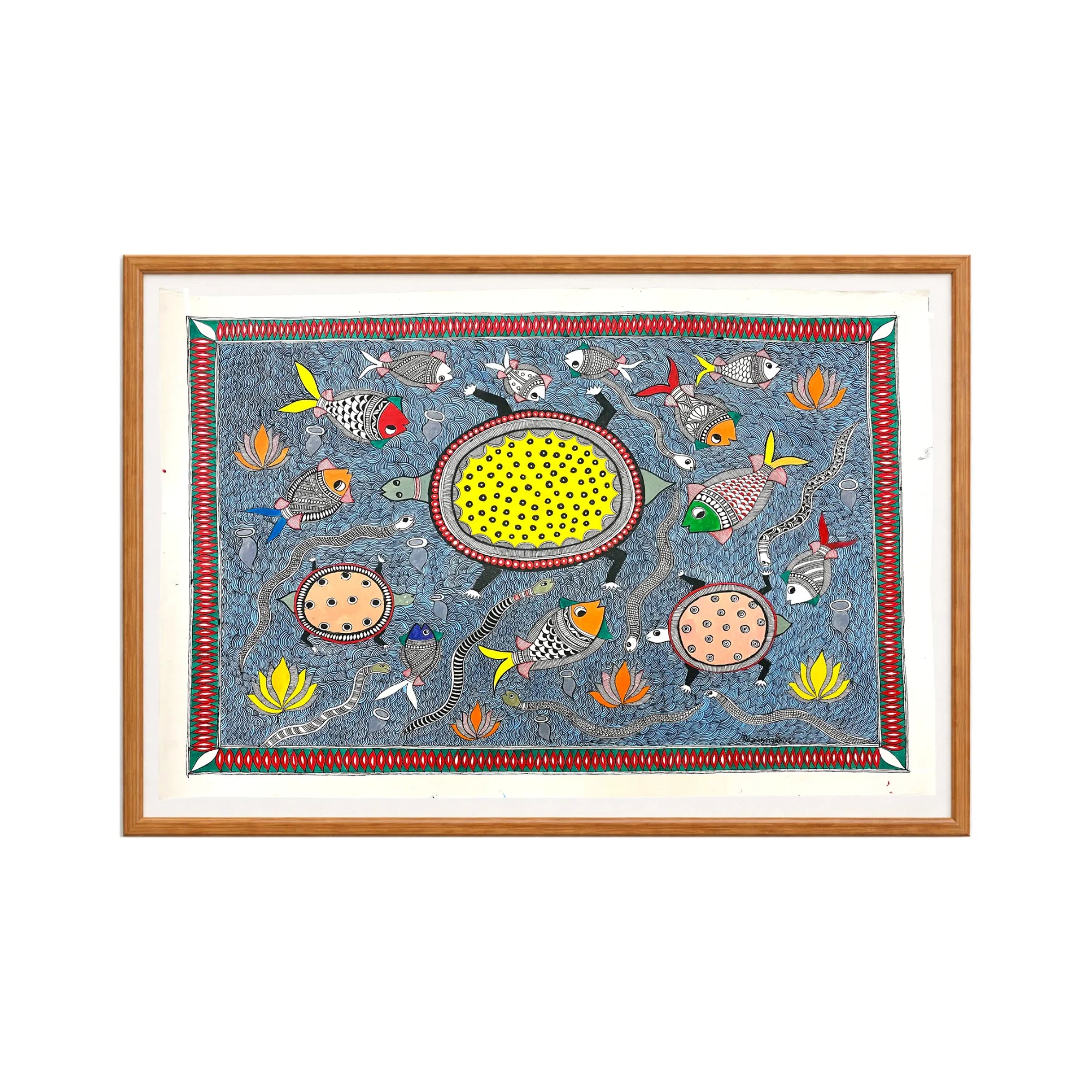 Madhubani painting Pond Fishes Animals, handmade Mithila art wall decor, size 30 x 22 inch