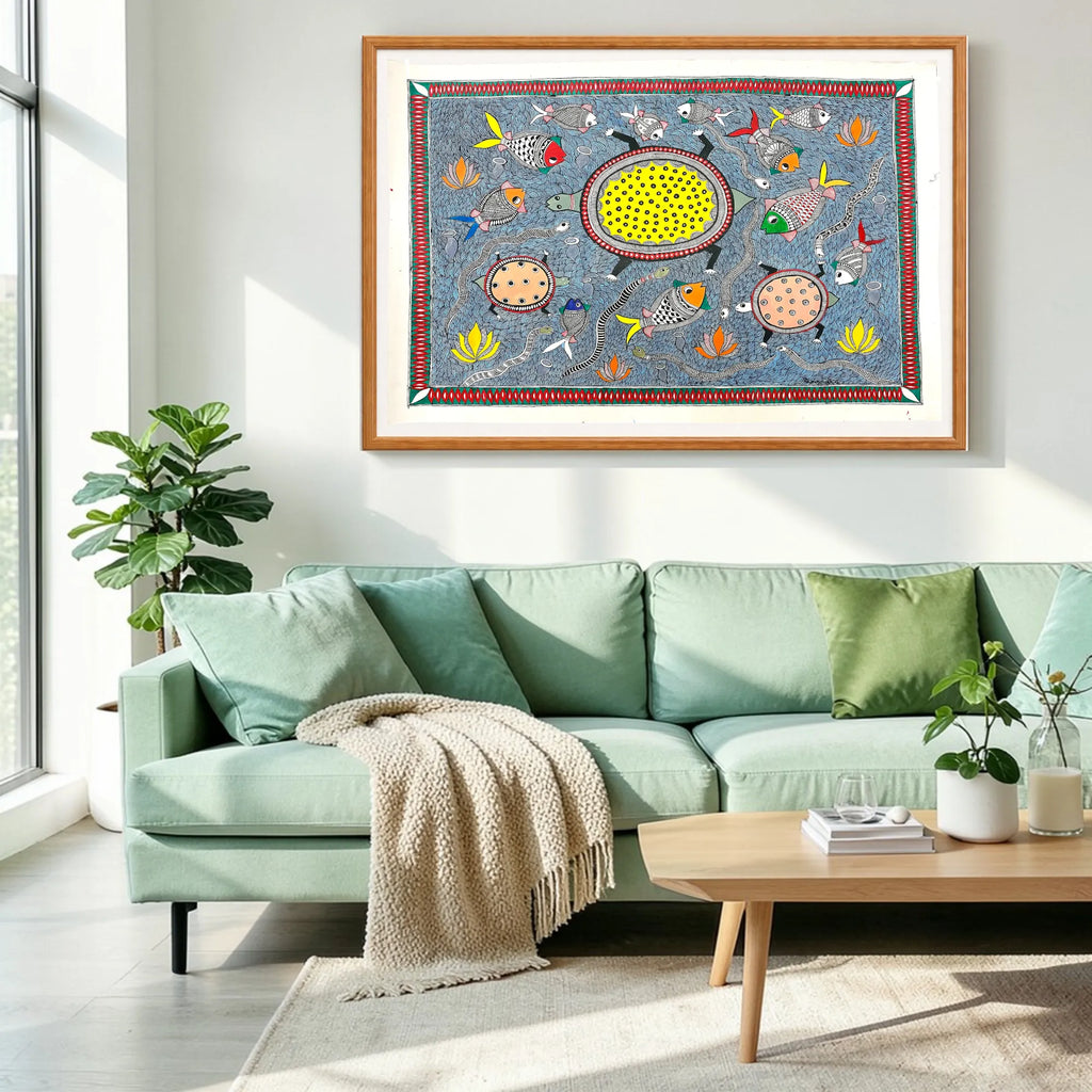 Pond Fishes Animals artwork above sofa
