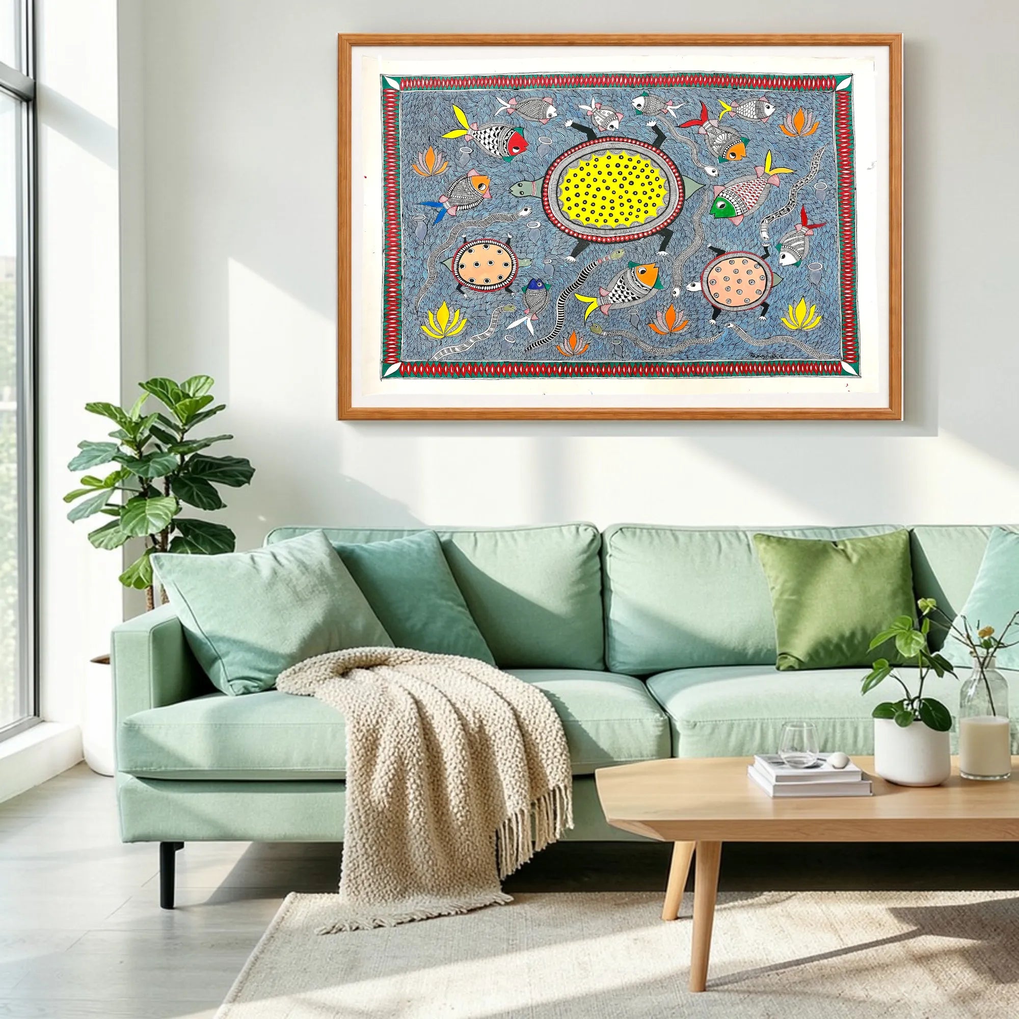 Pond Fishes Animals artwork above sofa