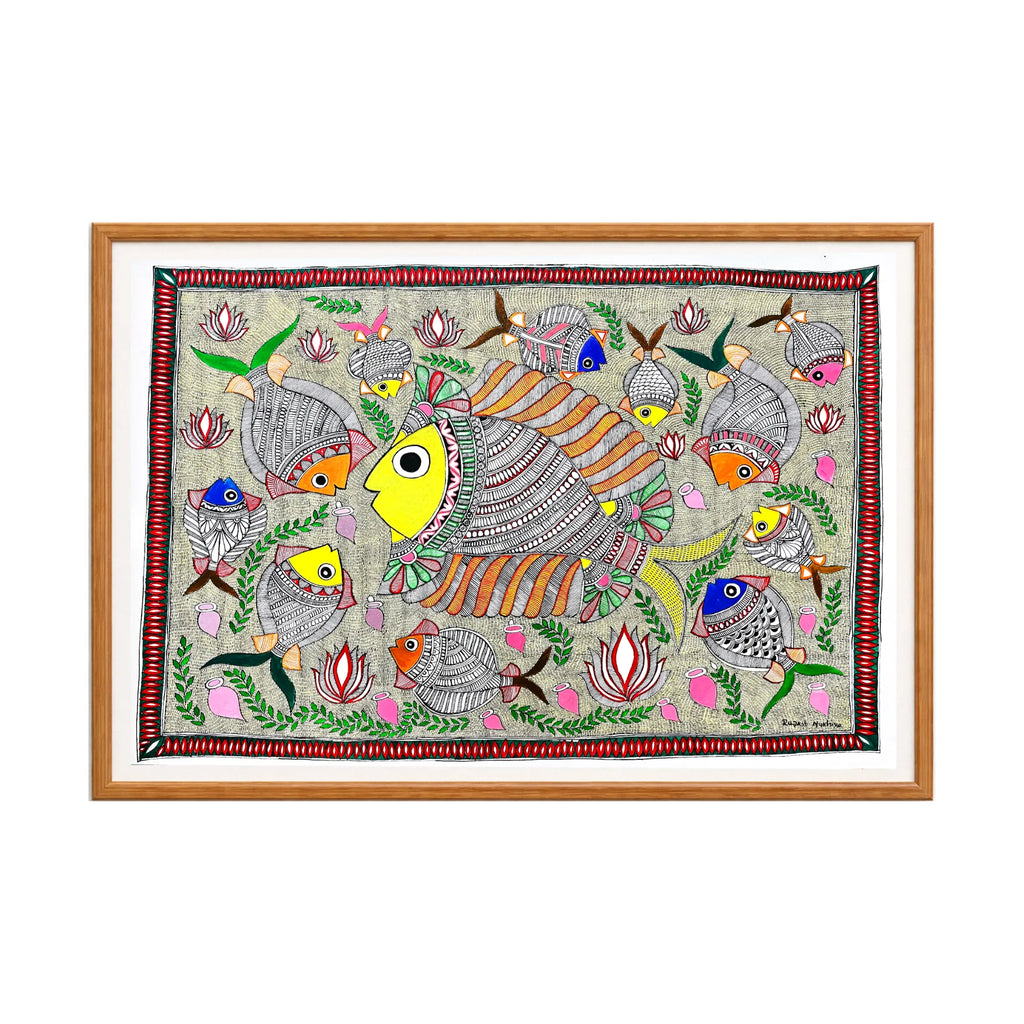 Madhubani painting Pond Full of Fishes, handmade Mithila art wall decor, size 30 x 22 inch