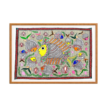 Madhubani painting Pond Full of Fishes, handmade Mithila art wall decor, size 30 x 22 inch