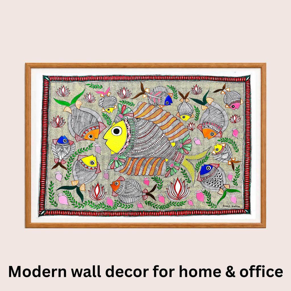 Pond Full of Fishes Madhubani art in modern home decor