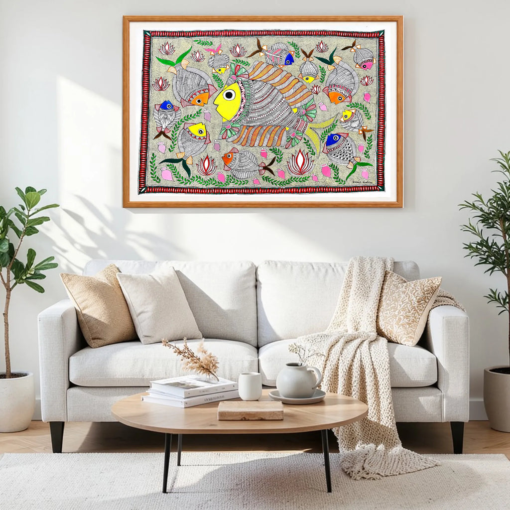 Pond Full of Fishes artwork above sofa