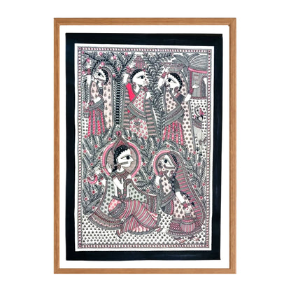 Madhubani painting Radha Krishna Premalaap, handmade Mithila art wall decor, size 22 x 30 inch
