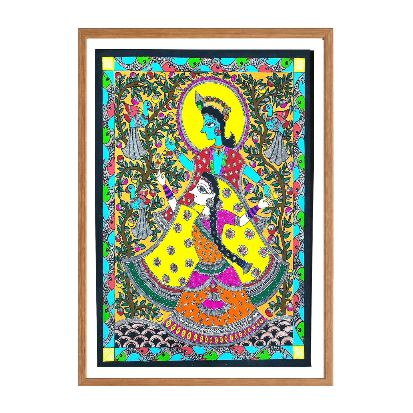 Madhubani painting Radha Krishna Dance, handmade Mithila art wall decor, size 21.5 x 27 inch