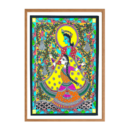 Madhubani painting Radha Krishna Dance, handmade Mithila art wall decor, size 21.5 x 27 inch