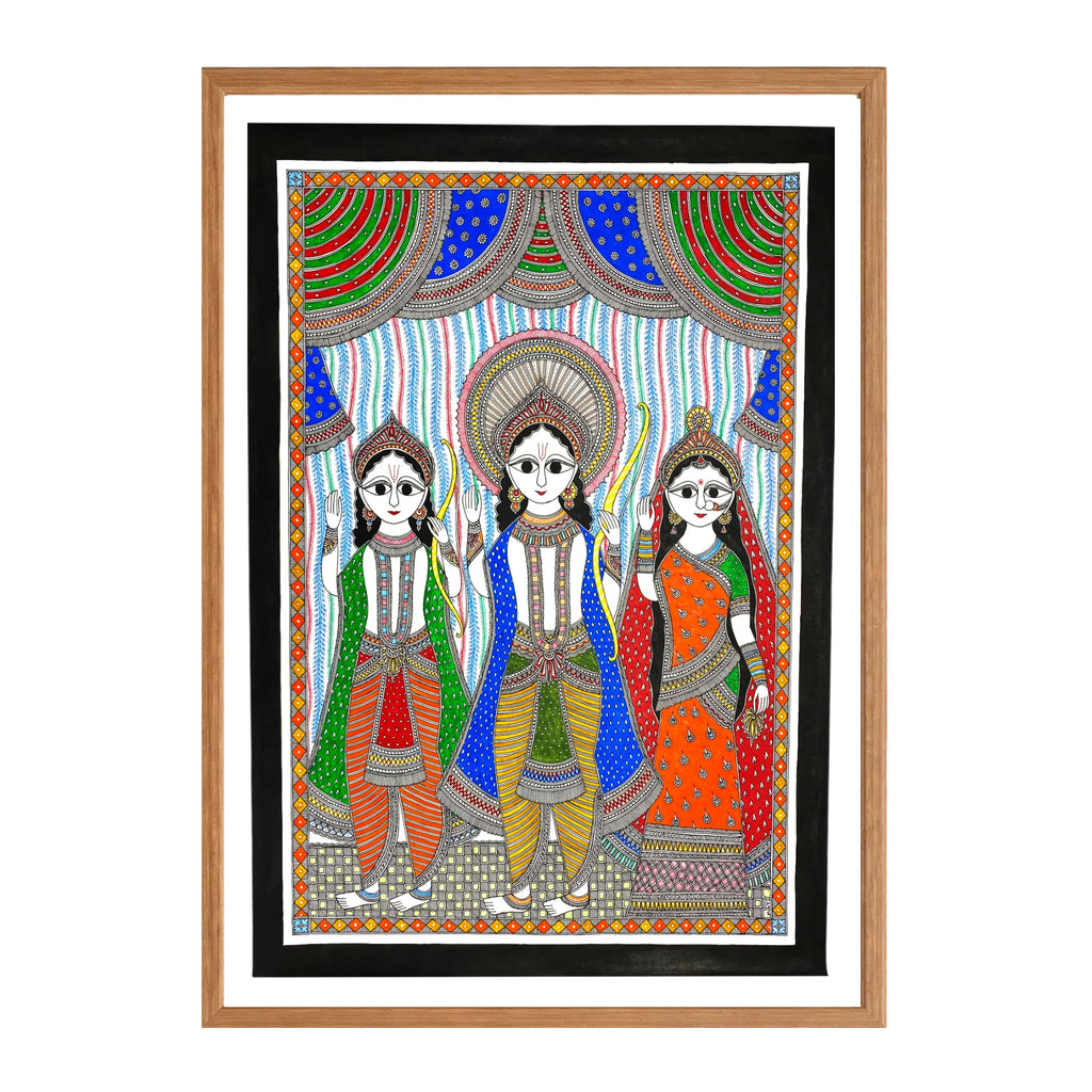 Madhubani painting Ram Lakshman Sita, handmade Mithila art wall decor, size 22 x 30 inch