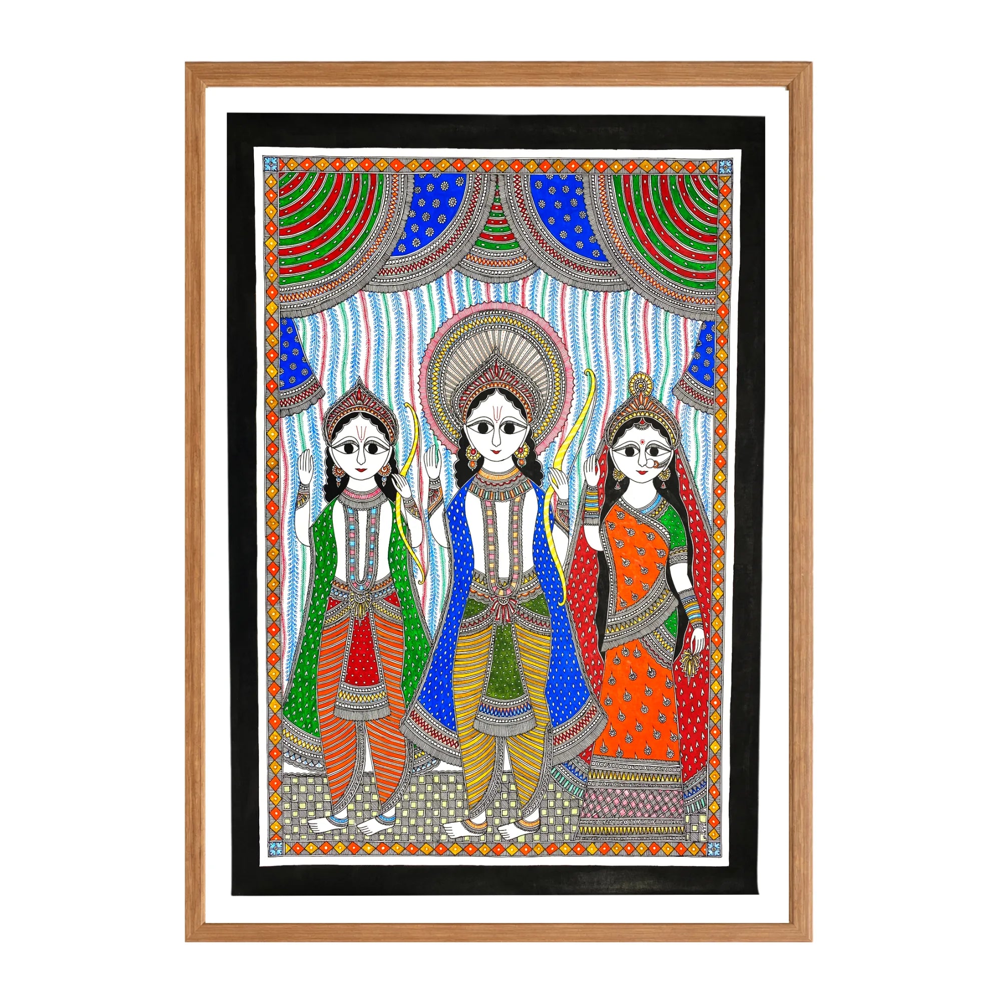 Madhubani painting Ram Lakshman Sita, handmade Mithila art wall decor, size 22 x 30 inch