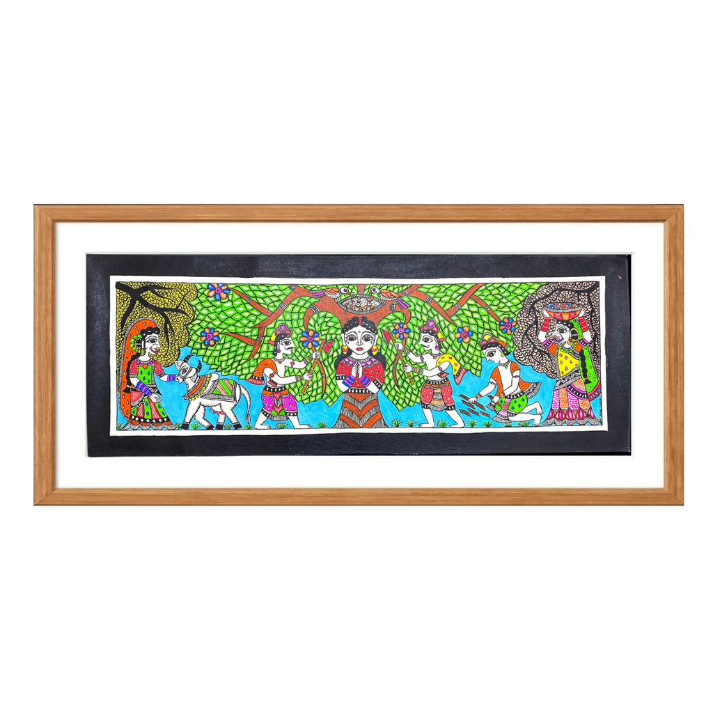 Madhubani painting Saving Trees, handmade Mithila art wall decor, size 30 x 11 inch