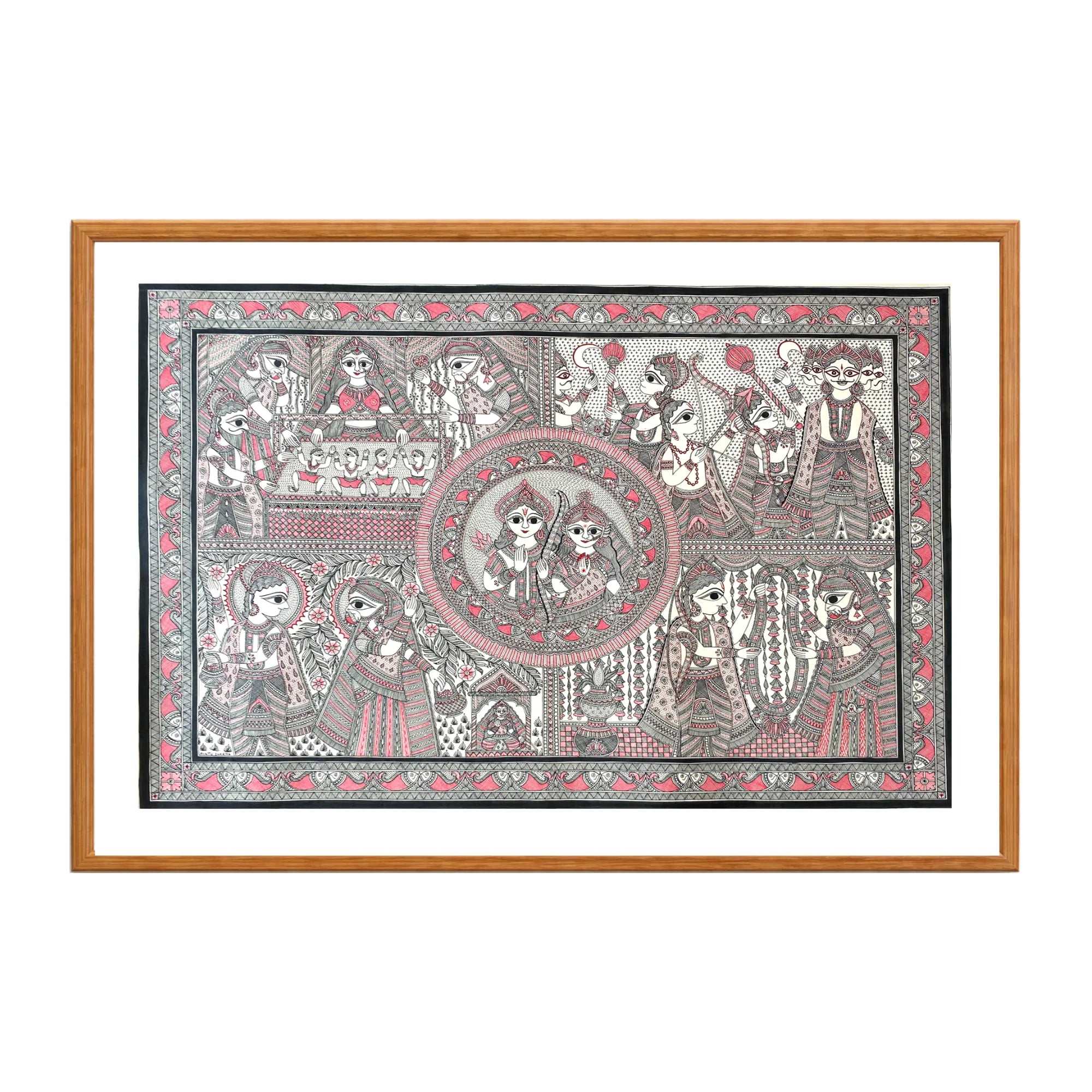 Madhubani painting Ram Sita Story, handmade Mithila art wall decor, size 30 x 22 inch