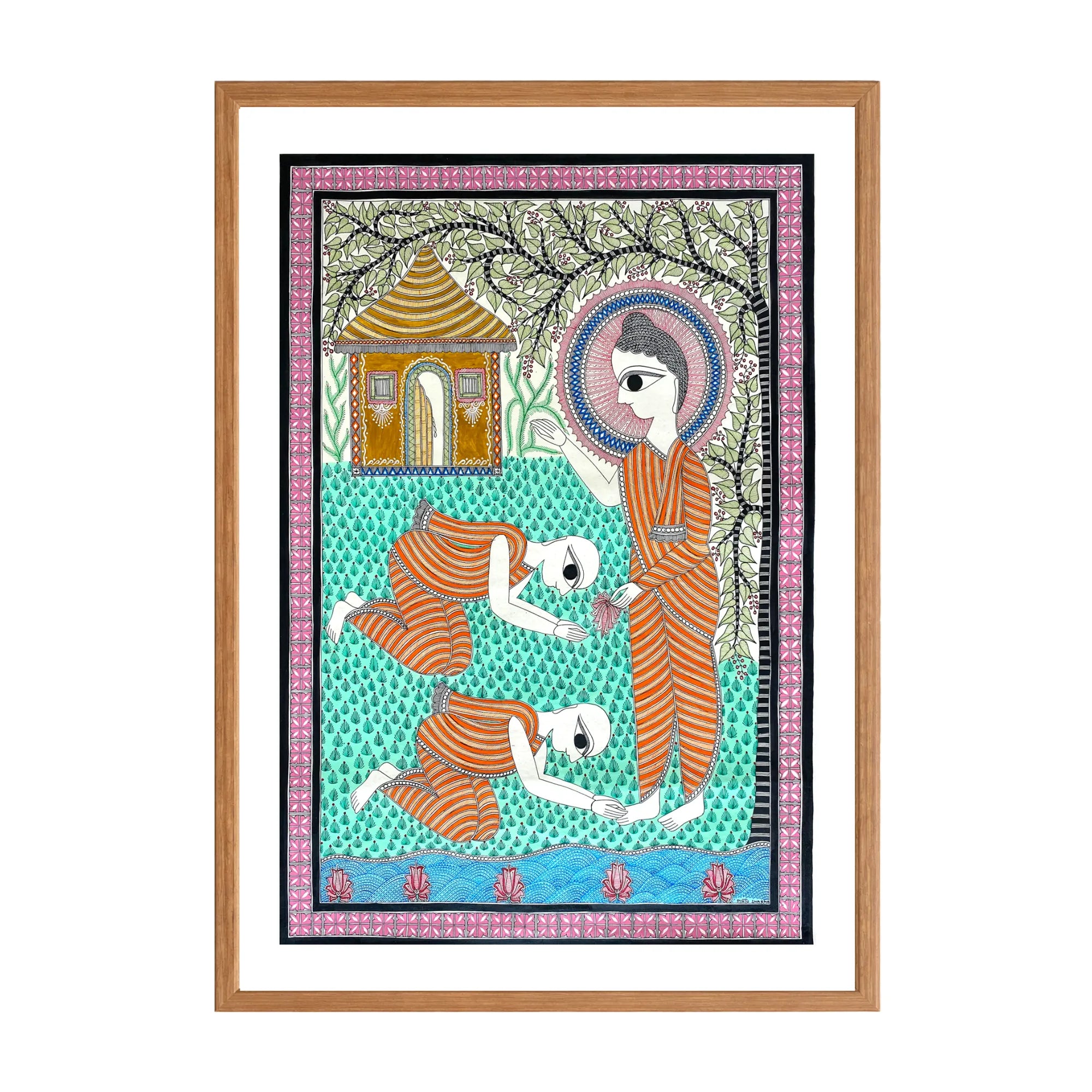 Madhubani painting Gautam Buddha Journey, handmade Mithila art wall decor, size 22 x 30 inch