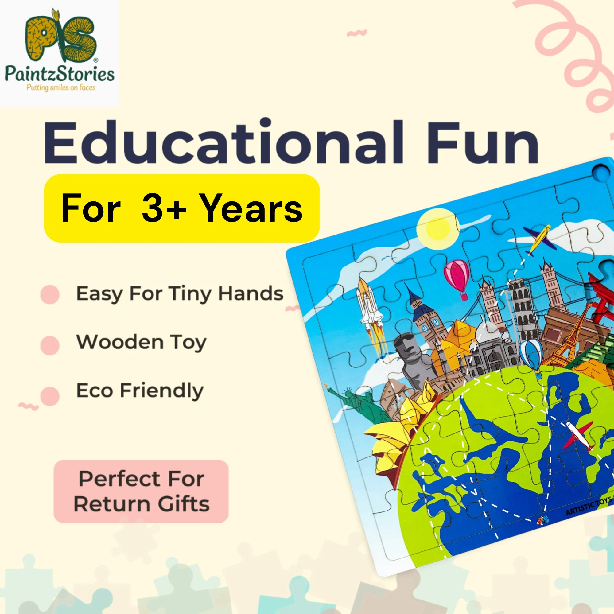 PAINTZSTORIES The World’s Most Iconic Landmarks Wooden Puzzle | 1 Set 36 Pieces Jigsaw | Educational Puzzle for Cognitive & Motor Skills Development | Birthday Gift for Kids | 3+ years | Size 9*9 Inch