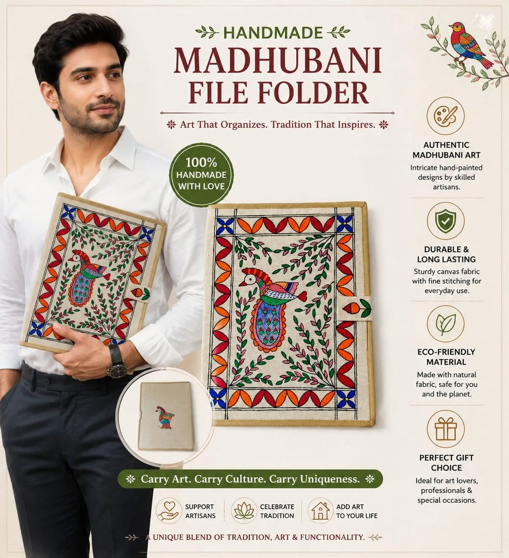 Handcrafted Madhubani Art Office File Folder – Eco-Friendly Canvas Document Holder