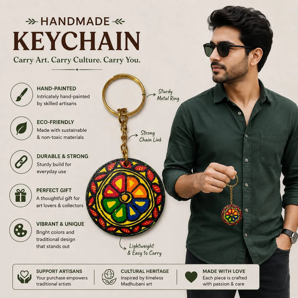 Handcrafted Madhubani Painting Keychain Set of 5 – Traditional Indian Folk Art MDF Key Rings for Bags & Bikes