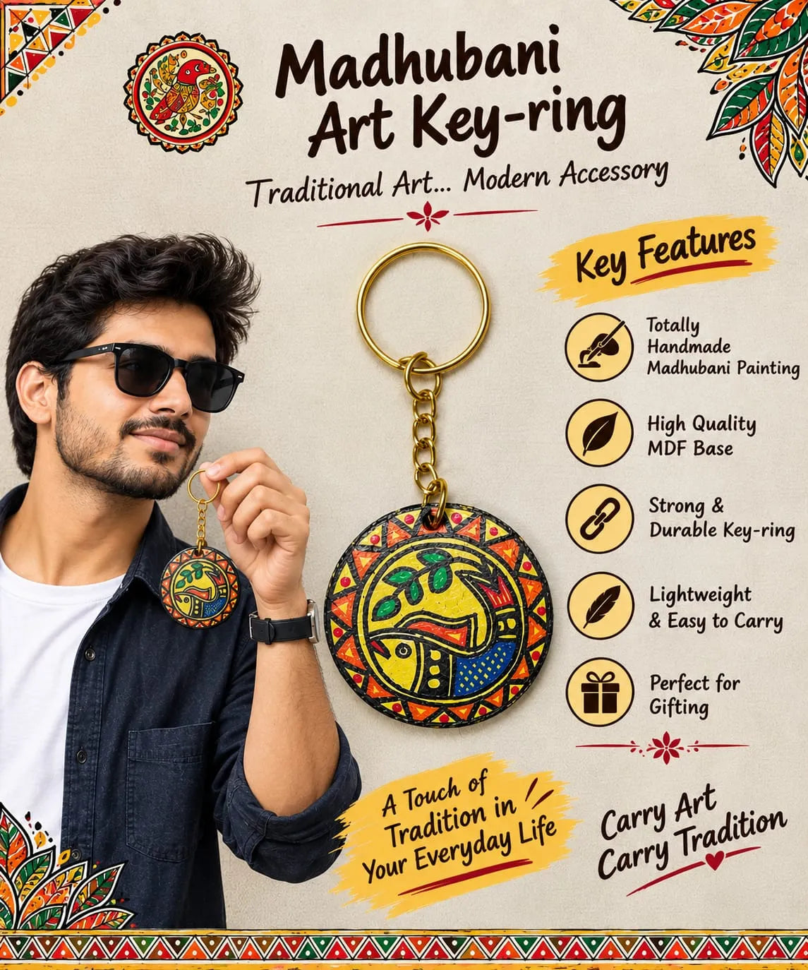 Handcrafted Madhubani Painting Keychain Set of 5 – Traditional Indian Folk Art MDF Key Rings for Bags & Bikes