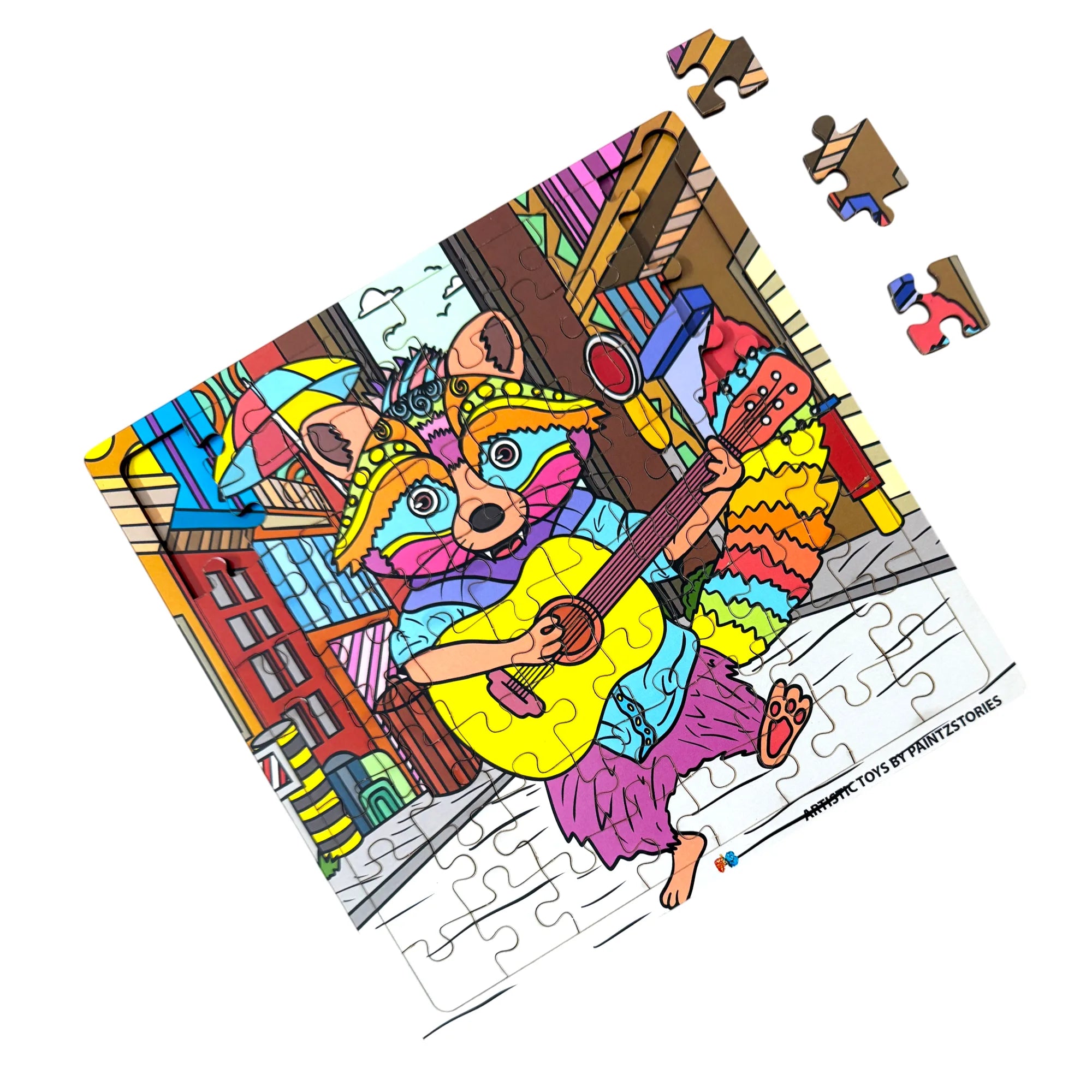 PAINTZSTORIES Guitarist Raccoon Wooden Puzzle | 1 Set 64 Pieces Jigsaw Puzzle | Educational Puzzle for Cognitive & Motor Skills Development | Birthday Gift for Kids | 4+ Years | Size 9 * 9 Inch
