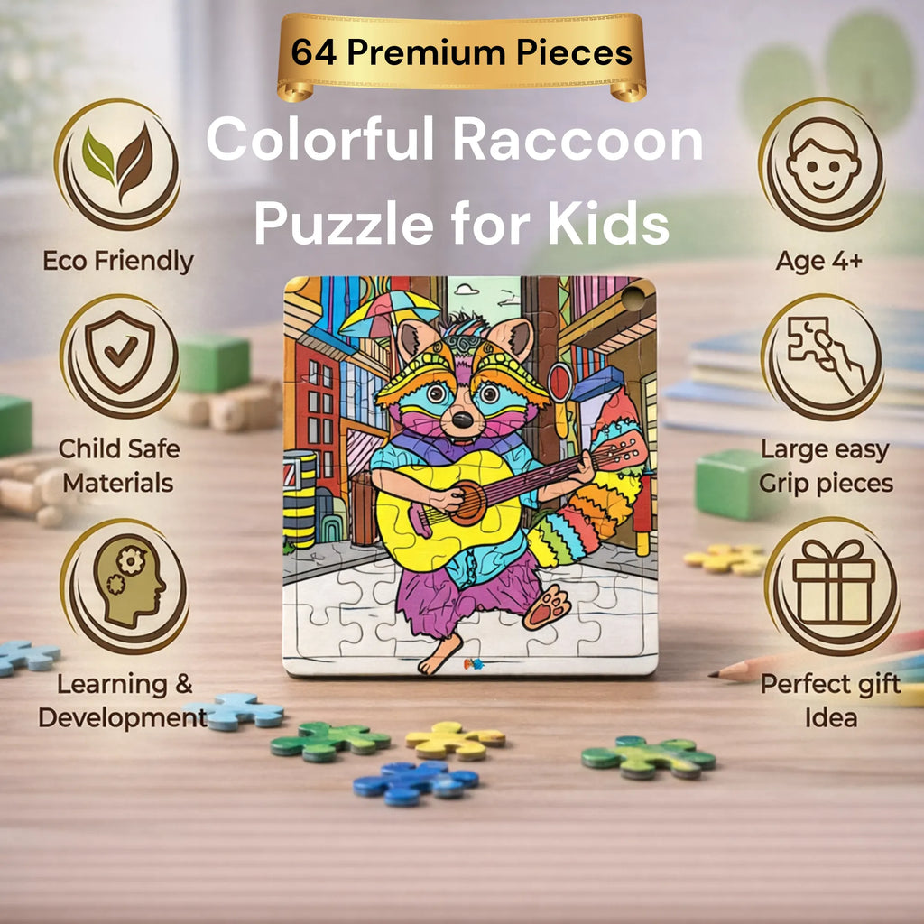 PAINTZSTORIES Guitarist Raccoon Wooden Puzzle | 1 Set 64 Pieces Jigsaw Puzzle | Educational Puzzle for Cognitive & Motor Skills Development | Birthday Gift for Kids | 4+ Years | Size 9 * 9 Inch