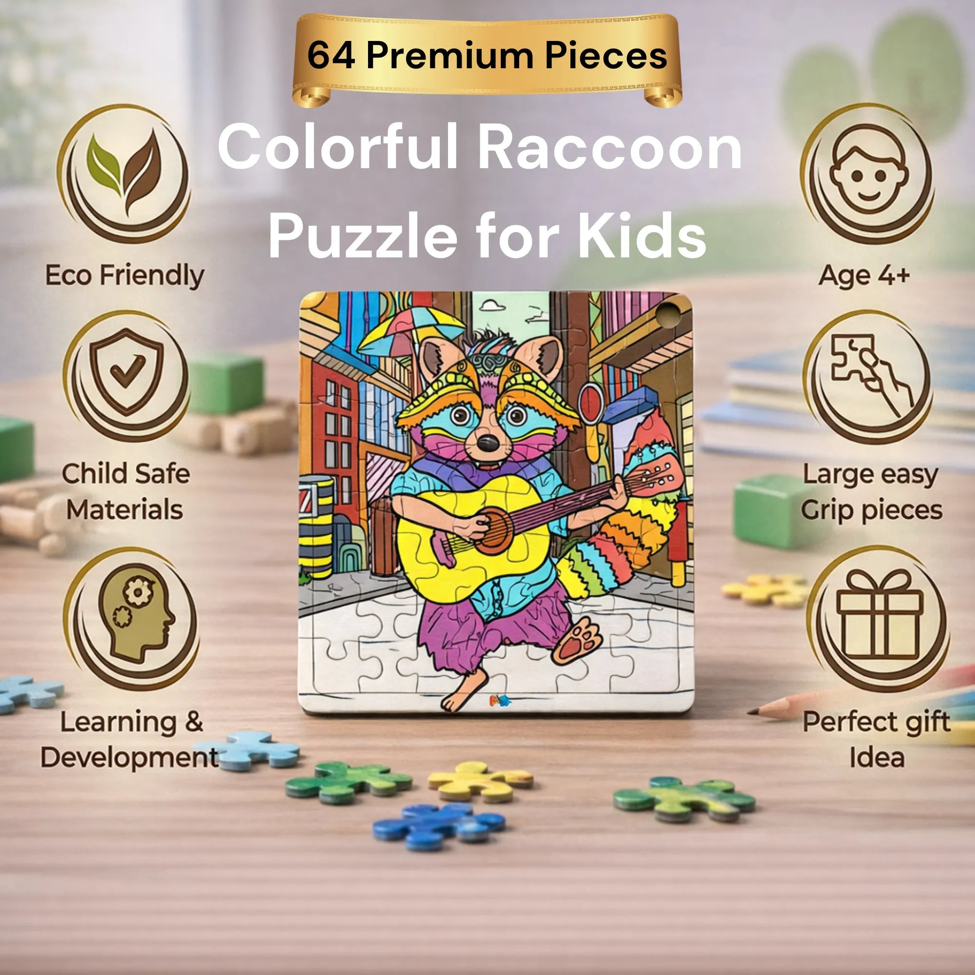 PAINTZSTORIES Guitarist Raccoon Wooden Puzzle | 1 Set 64 Pieces Jigsaw Puzzle | Educational Puzzle for Cognitive & Motor Skills Development | Birthday Gift for Kids | 4+ Years | Size 9 * 9 Inch
