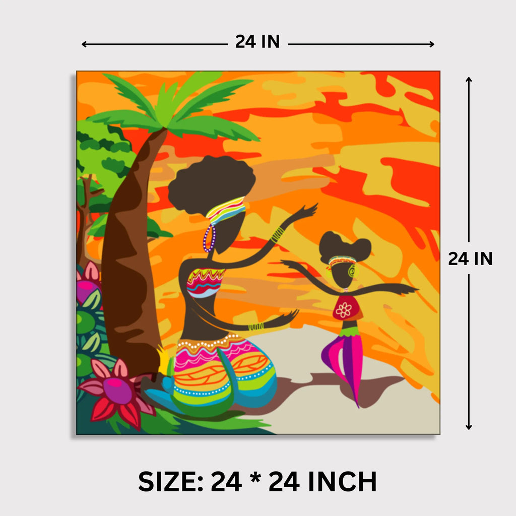 African Sunset Serenity: Mother & Child Doodle canvas print dimensions 2 feet x 2 feet framed wall art